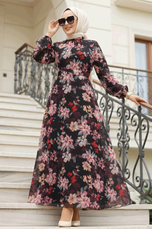 Çiçek Desenli Siyah Tesettür Elbise 27979S - 1