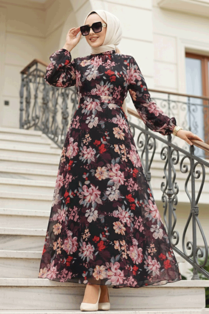 Çiçek Desenli Siyah Tesettür Elbise 27979S - 1