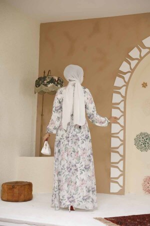 Çiçek Desenli Beyaz Tesettür Elbise 27980B - 2