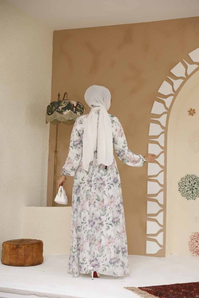 Çiçek Desenli Beyaz Tesettür Elbise 27980B - 4
