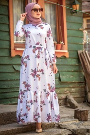 Çiçek Desenli Beyaz Tesettür Elbise 50052B - Thumbnail