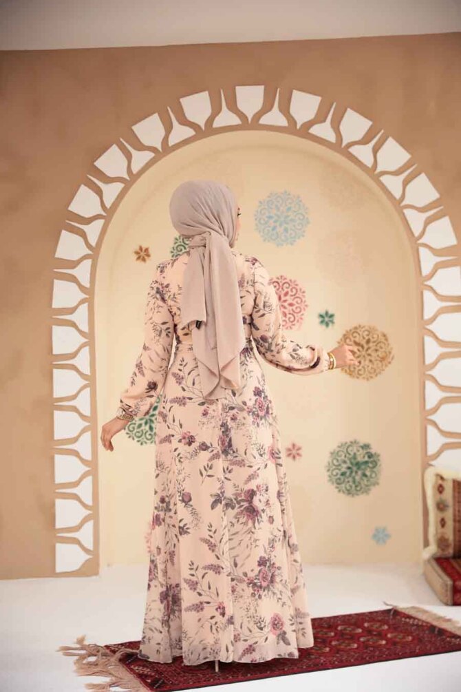 Çiçek Desenli Bisküvi Tesettür Elbise 27960BS - 3