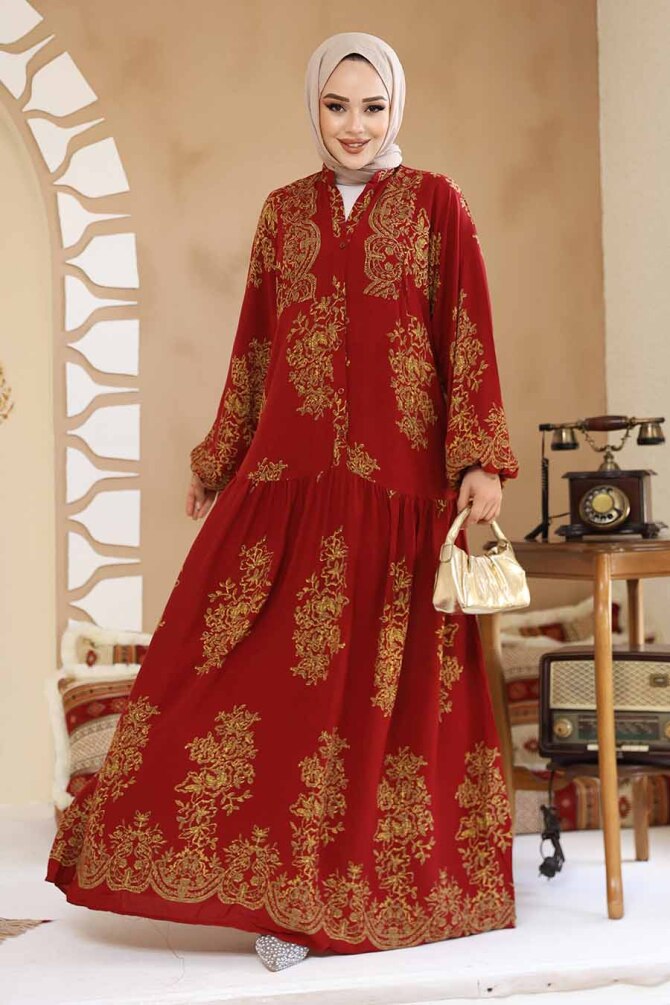 Çiçek Desenli Bordo Tesettür Elbise 18241BR - 1
