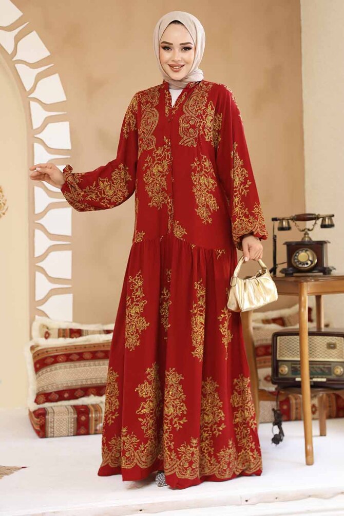 Çiçek Desenli Bordo Tesettür Elbise 18241BR - 2
