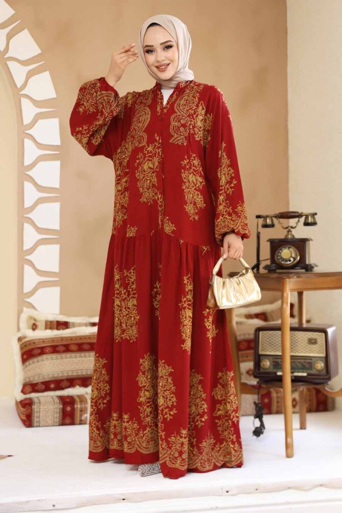 Çiçek Desenli Bordo Tesettür Elbise 18241BR - 3