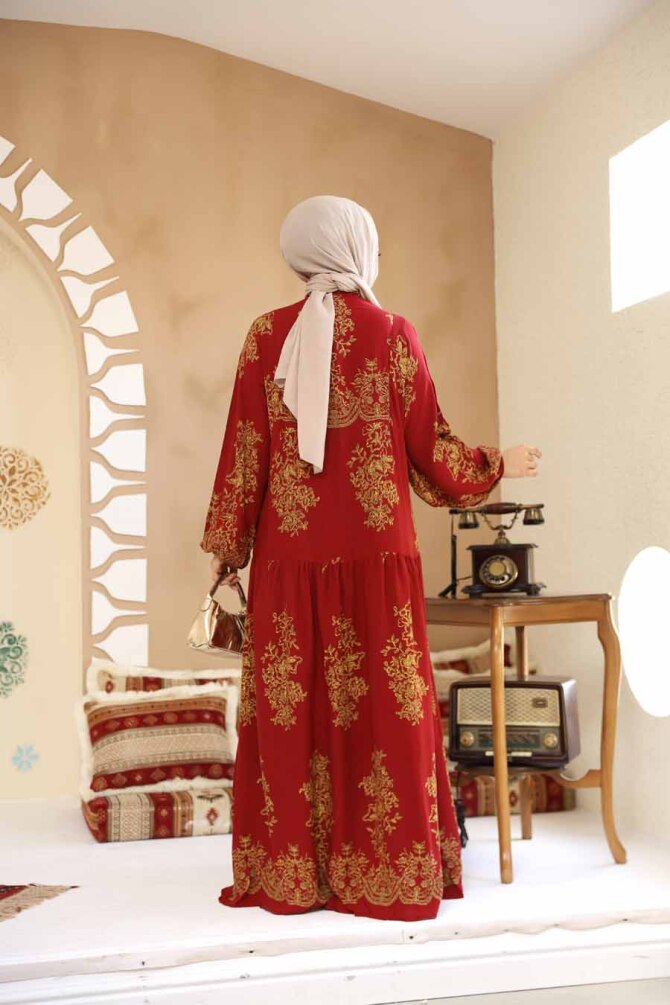 Çiçek Desenli Bordo Tesettür Elbise 18241BR - 4