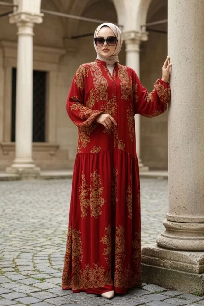 Çiçek Desenli Bordo Tesettür Elbise 18241BR - 1