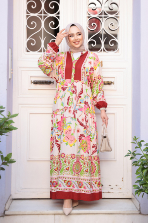 Çiçek Desenli Bordo Tesettür Elbise 24012BR 