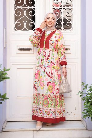 Çiçek Desenli Bordo Tesettür Elbise 24012BR - 2