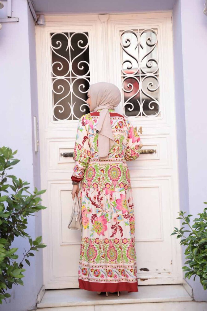 Çiçek Desenli Bordo Tesettür Elbise 24012BR - 3