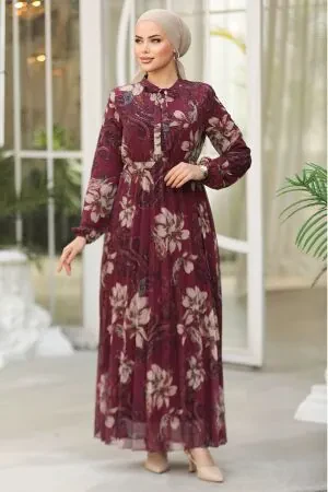 Çiçek Desenli Bordo Tesettür Elbise 50355BR 