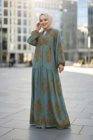 Çiçek Desenli Çağla Yeşili Tesettür Elbise 18241CY 