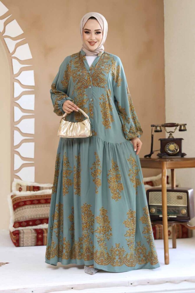 Çiçek Desenli Çağla Yeşili Tesettür Elbise 18241CY - 4