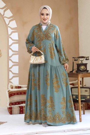 Çiçek Desenli Çağla Yeşili Tesettür Elbise 18241CY - 2