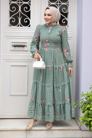 Çiçek Desenli Çağla Yeşili Tesettür Elbise 32815CY - 2