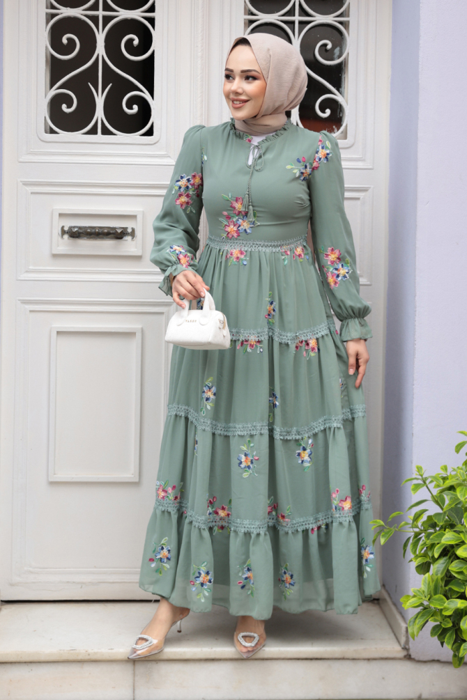 Çiçek Desenli Çağla Yeşili Tesettür Elbise 32815CY - 2