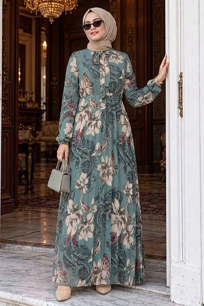 Çiçek Desenli Çağla Yeşili Tesettür Elbise 50355CY - 1