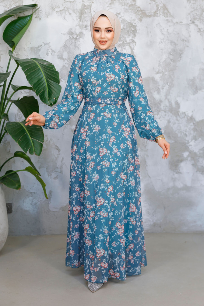 Çiçek Desenli Çağla Yeşili Tesettür Elbise 52682CY - 3