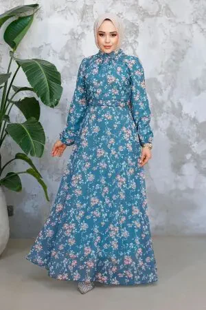 Çiçek Desenli Çağla Yeşili Tesettür Elbise 52682CY 