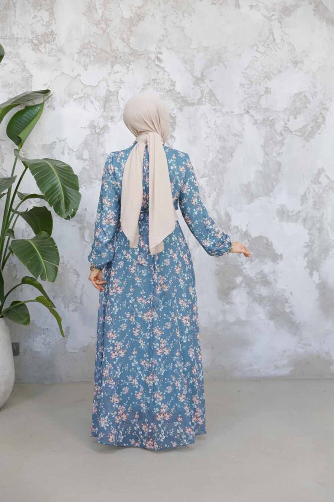 Çiçek Desenli Çağla Yeşili Tesettür Elbise 52682CY - 4
