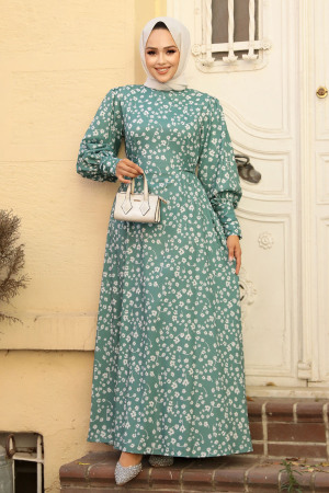 Çiçek Desenli Çağla Yeşili Tesettür Elbise 61091CY - 3