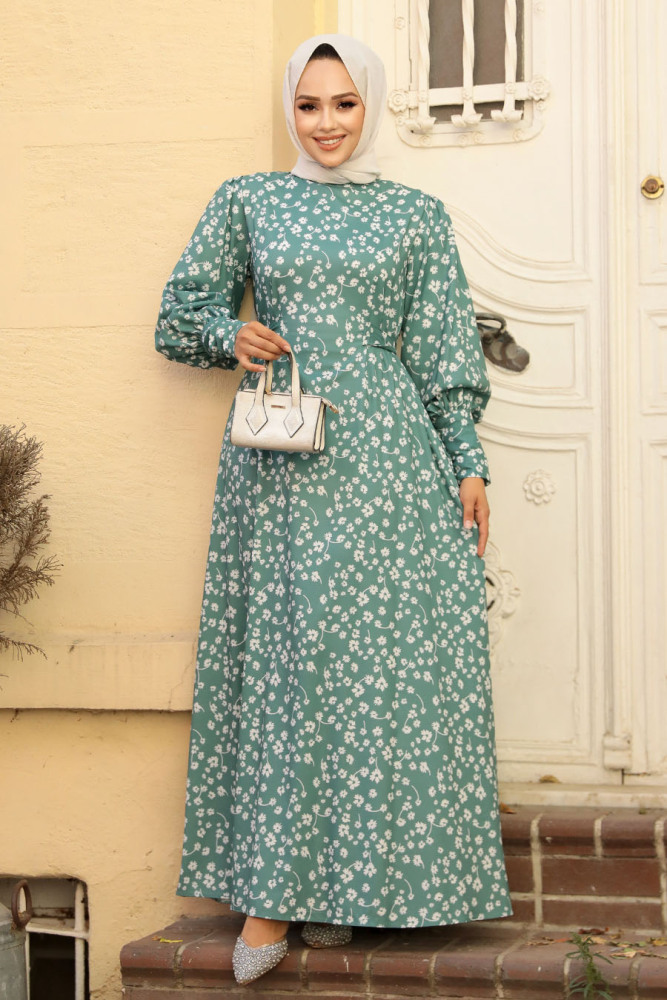Çiçek Desenli Çağla Yeşili Tesettür Elbise 61091CY - 3