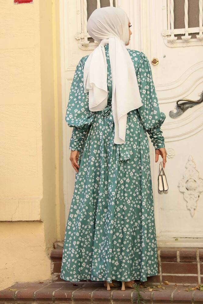 Çiçek Desenli Çağla Yeşili Tesettür Elbise 61091CY - 4