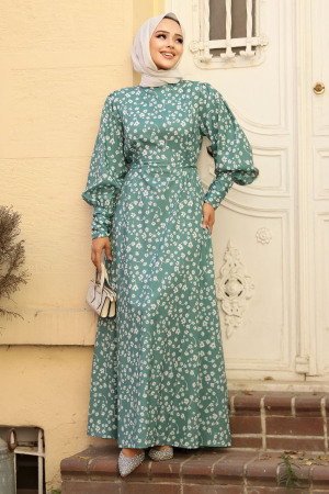 Çiçek Desenli Çağla Yeşili Tesettür Elbise 61091CY - 1