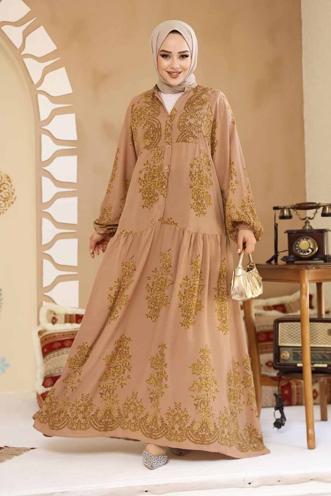 Çiçek Desenli Camel Tesettür Elbise 18241C - 1