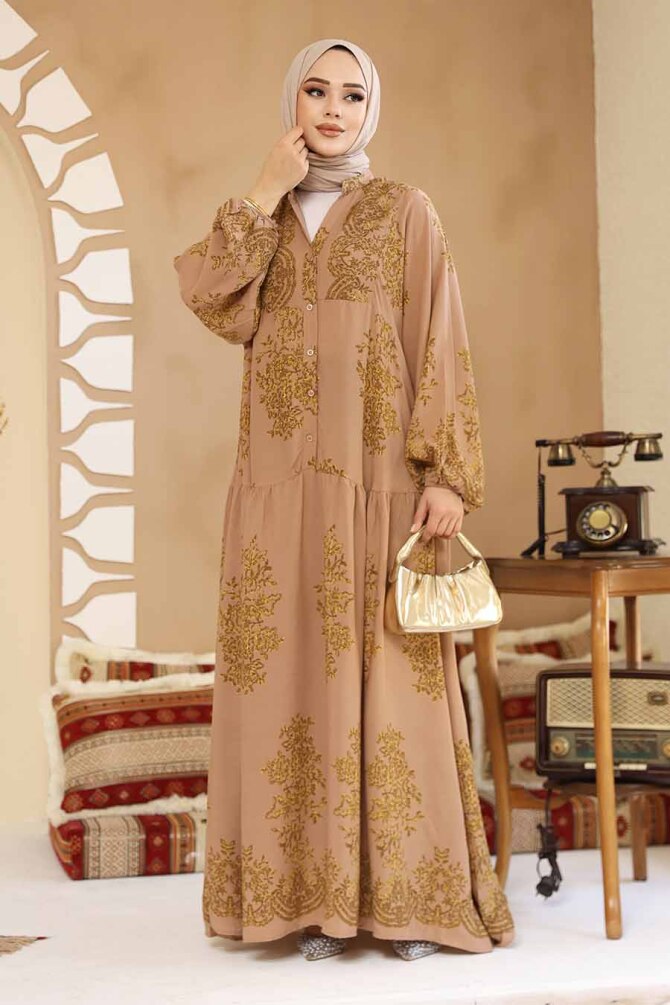 Çiçek Desenli Camel Tesettür Elbise 18241C - 2