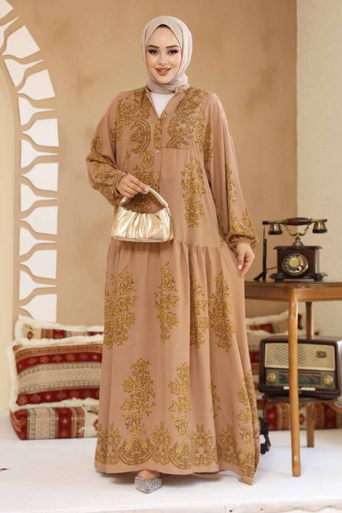 Çiçek Desenli Camel Tesettür Elbise 18241C - 3