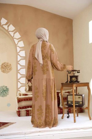 Çiçek Desenli Camel Tesettür Elbise 18241C - 4