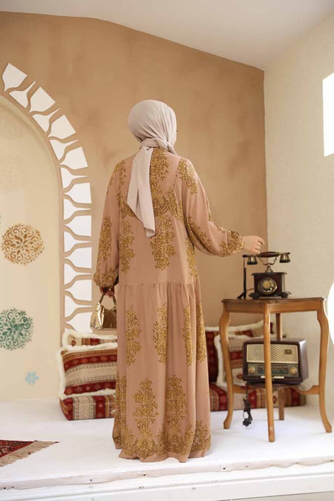 Çiçek Desenli Camel Tesettür Elbise 18241C - 4