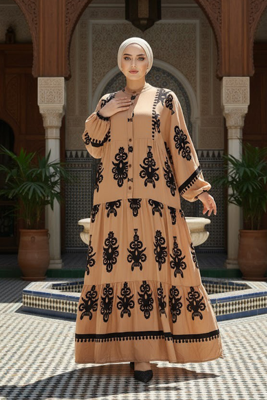 Çiçek Desenli Camel Tesettür Elbise 25491C