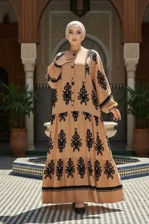 Çiçek Desenli Camel Tesettür Elbise 25491C 