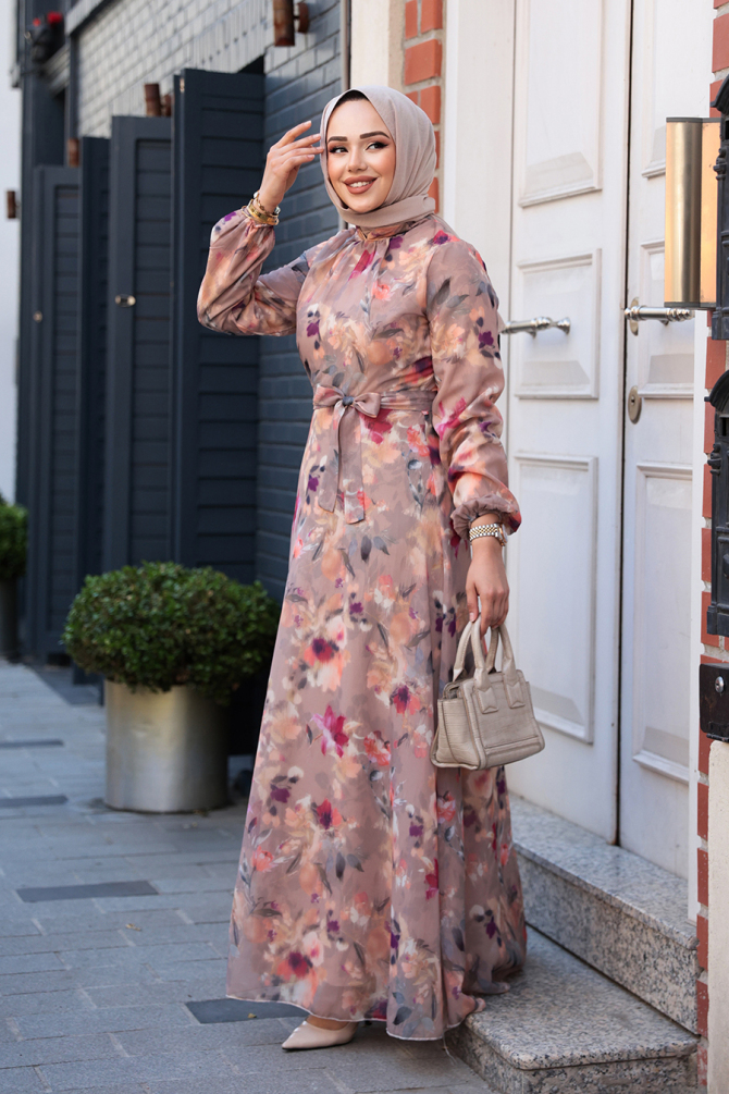 Çiçek Desenli Camel Tesettür Elbise 27987C - 1
