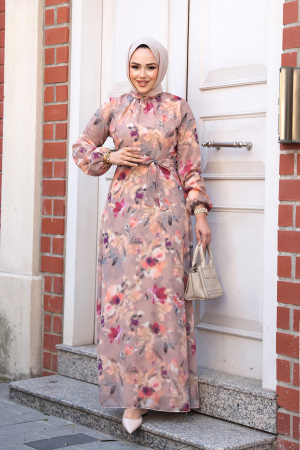 Çiçek Desenli Camel Tesettür Elbise 27987C - 2