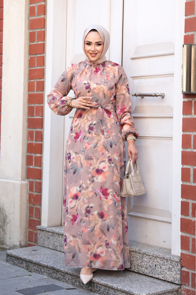 Çiçek Desenli Camel Tesettür Elbise 27987C - 2