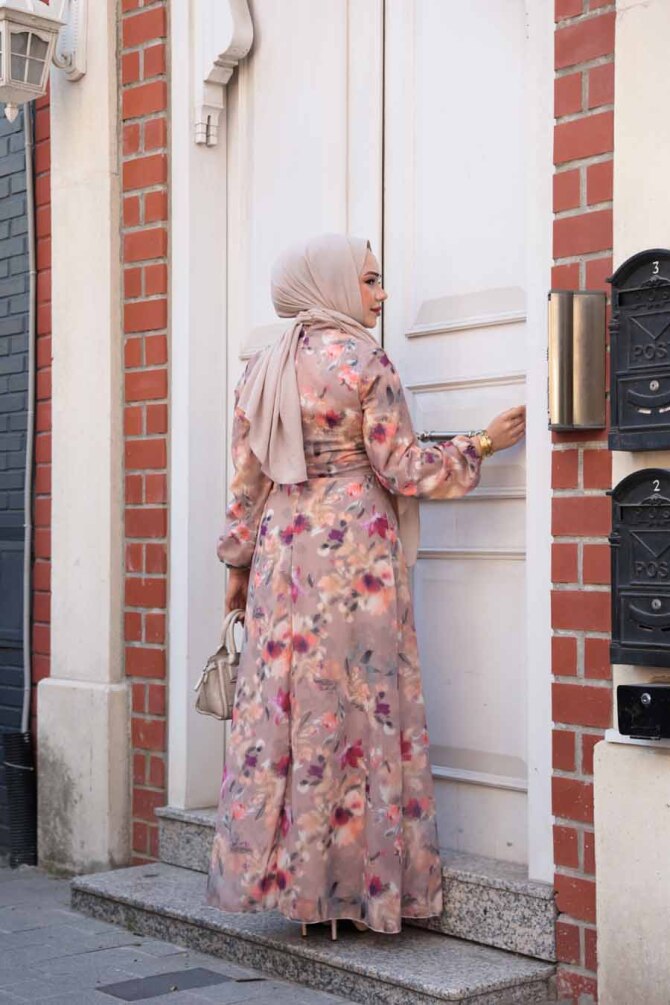 Çiçek Desenli Camel Tesettür Elbise 27987C - 3