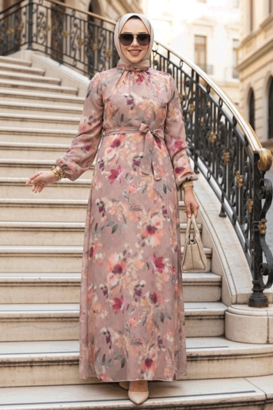 Çiçek Desenli Camel Tesettür Elbise 27987C