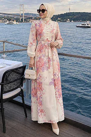 Çiçek Desenli Düğme Detaylı Pembe Tesettür Elbise 5339P 