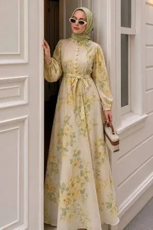 Çiçek Desenli Düğme Detaylı Sarı Tesettür Elbise 5339SR 
