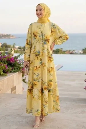 Çiçek Desenli Düğmeli Sarı Tesettür Elbise 5342SR 