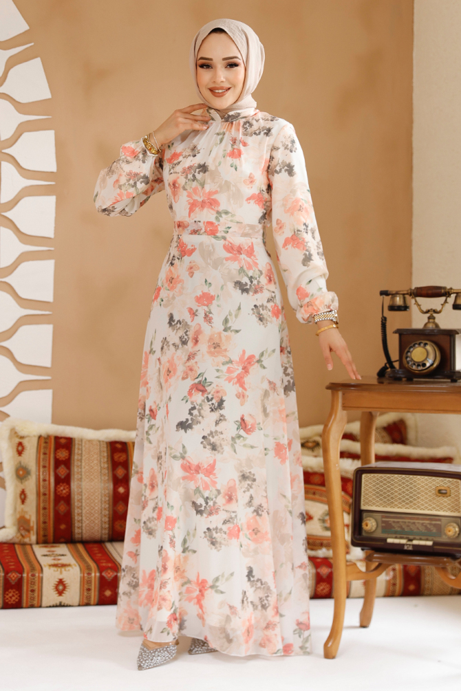 Çiçek Desenli Ekru Tesettür Elbise 27964E - 2
