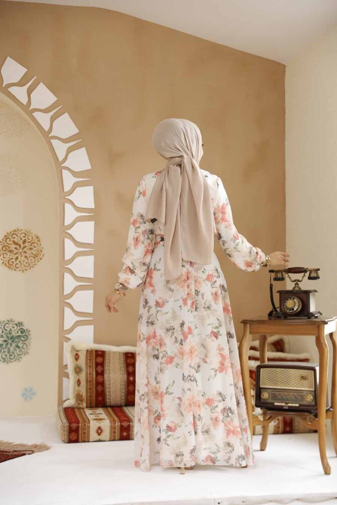 Çiçek Desenli Ekru Tesettür Elbise 27964E - 4