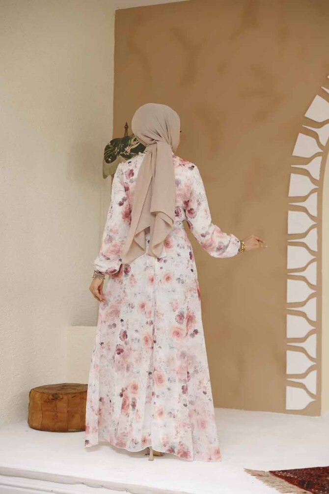 Çiçek Desenli Ekru Tesettür Elbise 27969E - 4