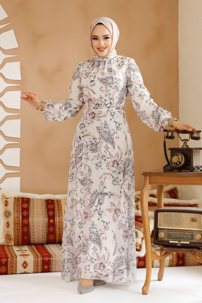 Çiçek Desenli Ekru Tesettür Elbise 27972E - 3