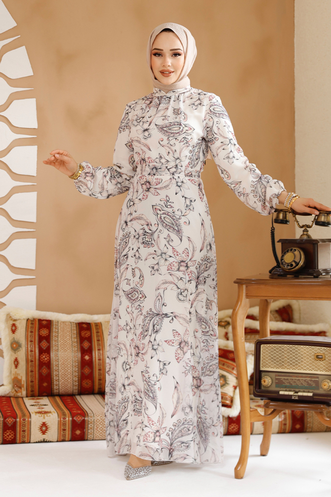Çiçek Desenli Ekru Tesettür Elbise 27972E - 5