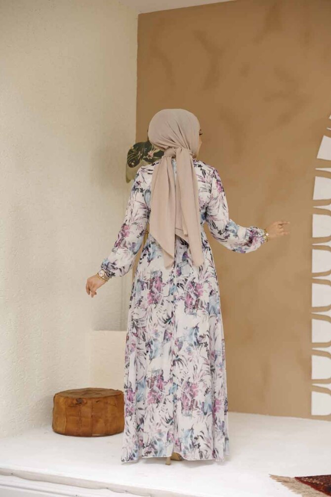 Çiçek Desenli Ekru Tesettür Elbise 27973E - 4