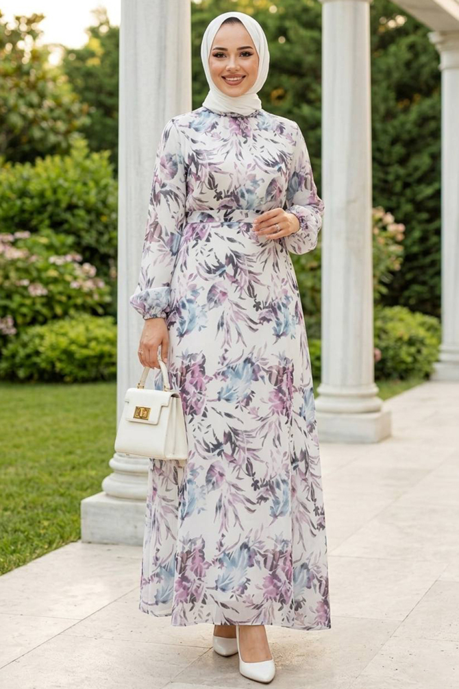 Çiçek Desenli Ekru Tesettür Elbise 27973E - 1